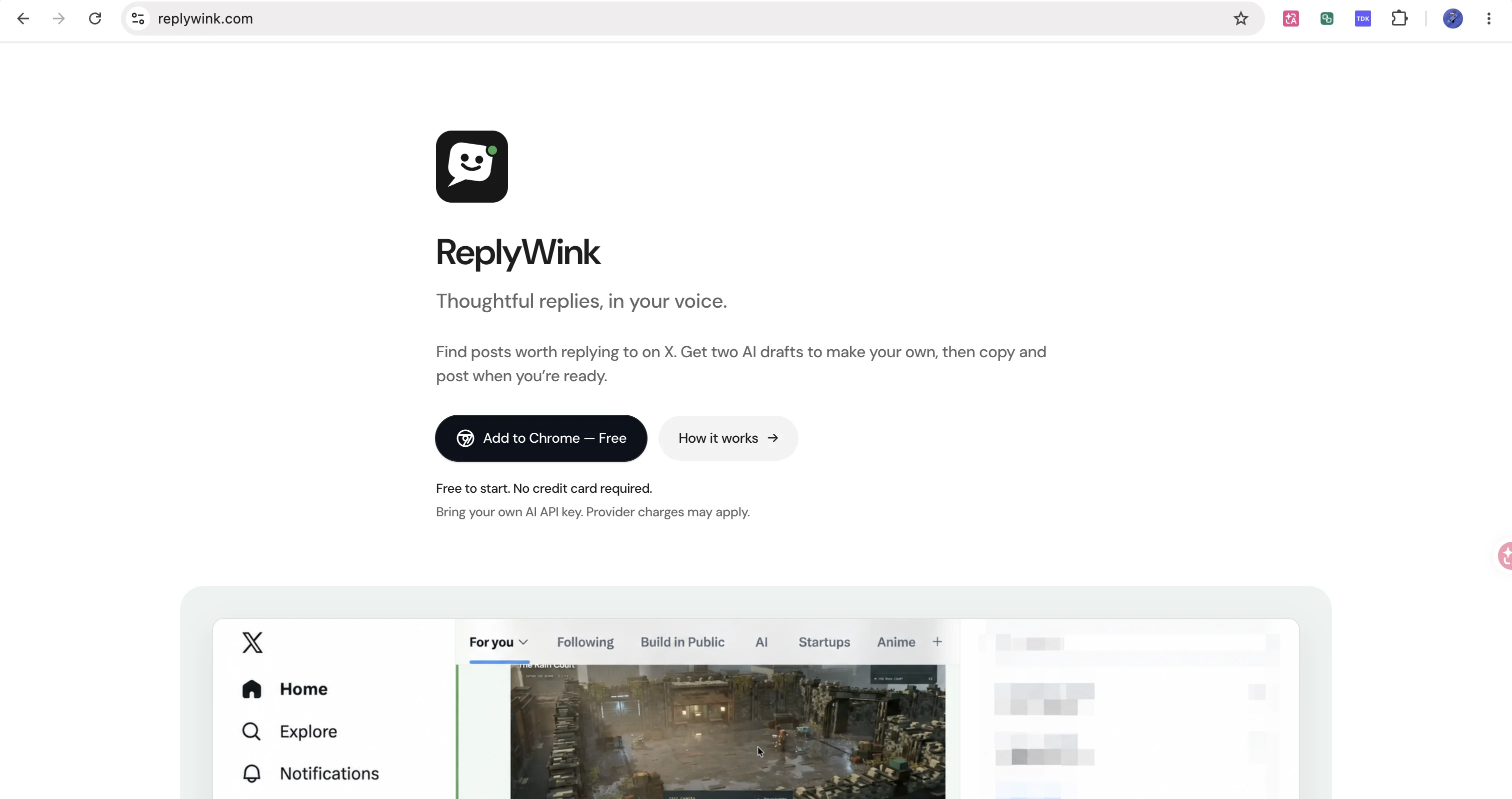 ReplyWink website and reply drafting preview